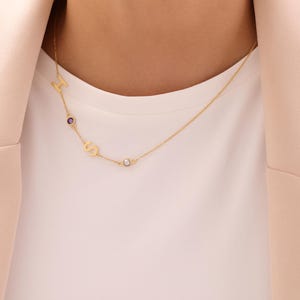 Sideways Initial Birthstone Necklace, Birthstone Initial Necklace, Initial Letter Necklace, Tiny Letter Necklace, Anniversary Family