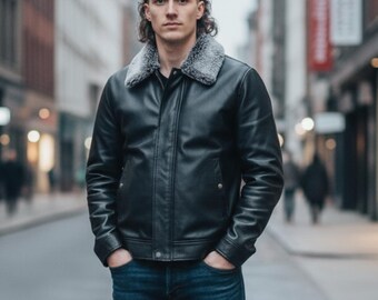 Mens Black Cow Leather Bomber Jacket: Faux Fur Collar