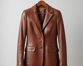 Brown Leather Blazer: Fitted Women's Genuine Leather Jacket - Vintage Style