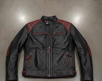 Handmade Cowhide Leather Cafe Racer Jacket, Black and Maroon