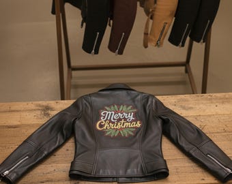 Womens Custom Black Leather Biker Jacket, Merry Christmas Patch