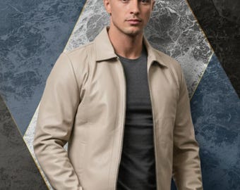 Men’s Cream Leather Jacket | Classic Zip-Up Outerwear | Stylish Handmade Genuine Leather Coat"