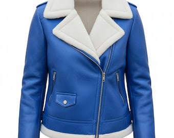 Handmade | Genuine Cow Leather Women’s Blue Aviator Jacket | Real Shearling Biker Winter Coat with Fur Collar
