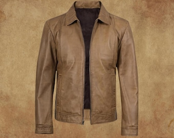 Vintage Style Tan Leather Jacket for Men Classic Stylish Outwear Handmade Genuine Leather Coat