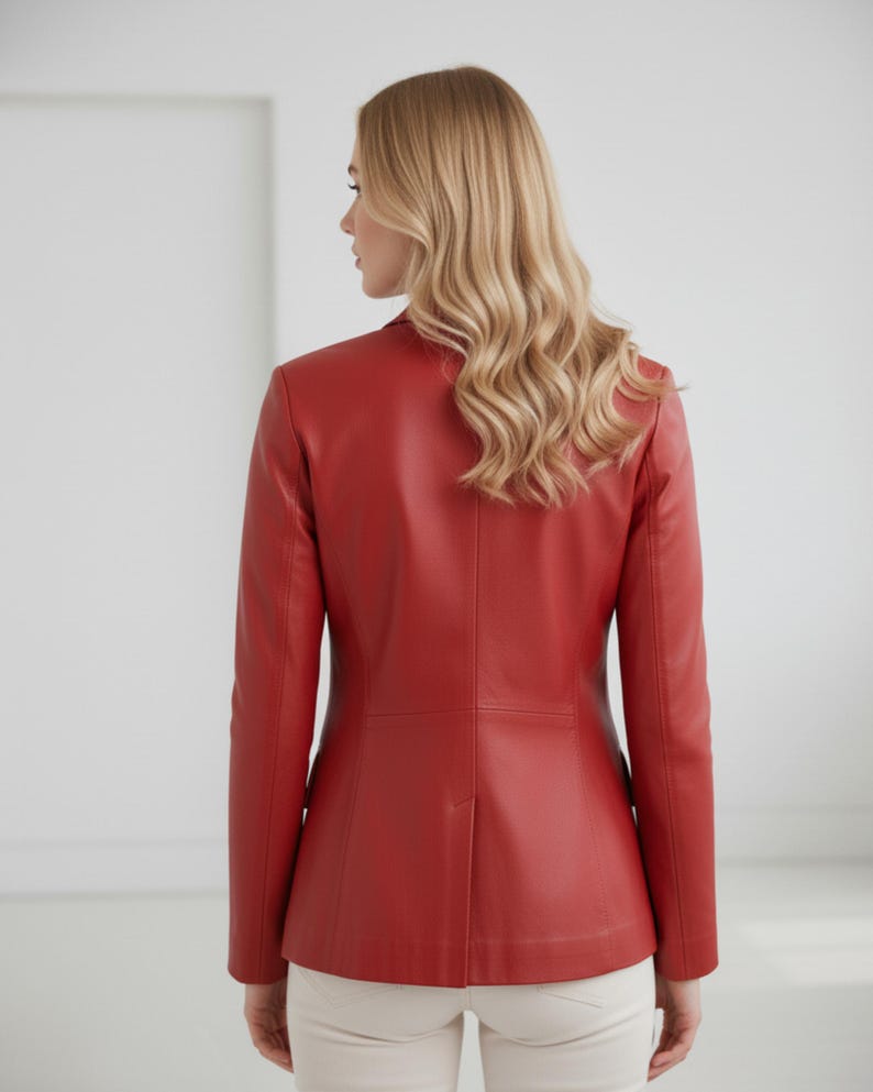 May include: A red leather blazer with a tailored fit. The jacket features a classic lapel and a structured silhouette. The model is wearing the blazer with cream-colored pants. The blazer is a vibrant shade of red.