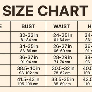 May include: A size chart with the title "SIZE CHART" in bold, dark brown text. The chart has columns for size, bust (32-43 in), waist (24-35 in), and hips (34-45 in), with measurements in inches and centimeters.