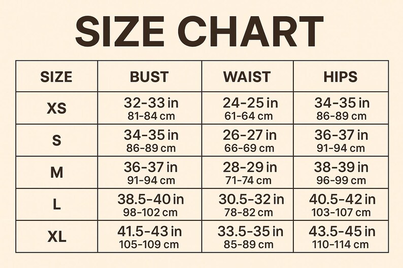 May include: A size chart with the title "SIZE CHART" in bold, dark brown text. The chart has columns for size, bust (32-43 in), waist (24-35 in), and hips (34-45 in), with measurements in inches and centimeters.