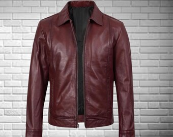 Vintage-Style Reddish Leather Biker Jacket - Slim Fit Moto Coat