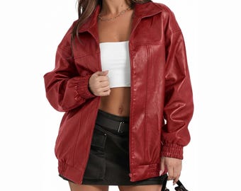 Handmade Red Women's  Genuine Leather Bomber Jacket, Oversized Baggy Streetwear Coat