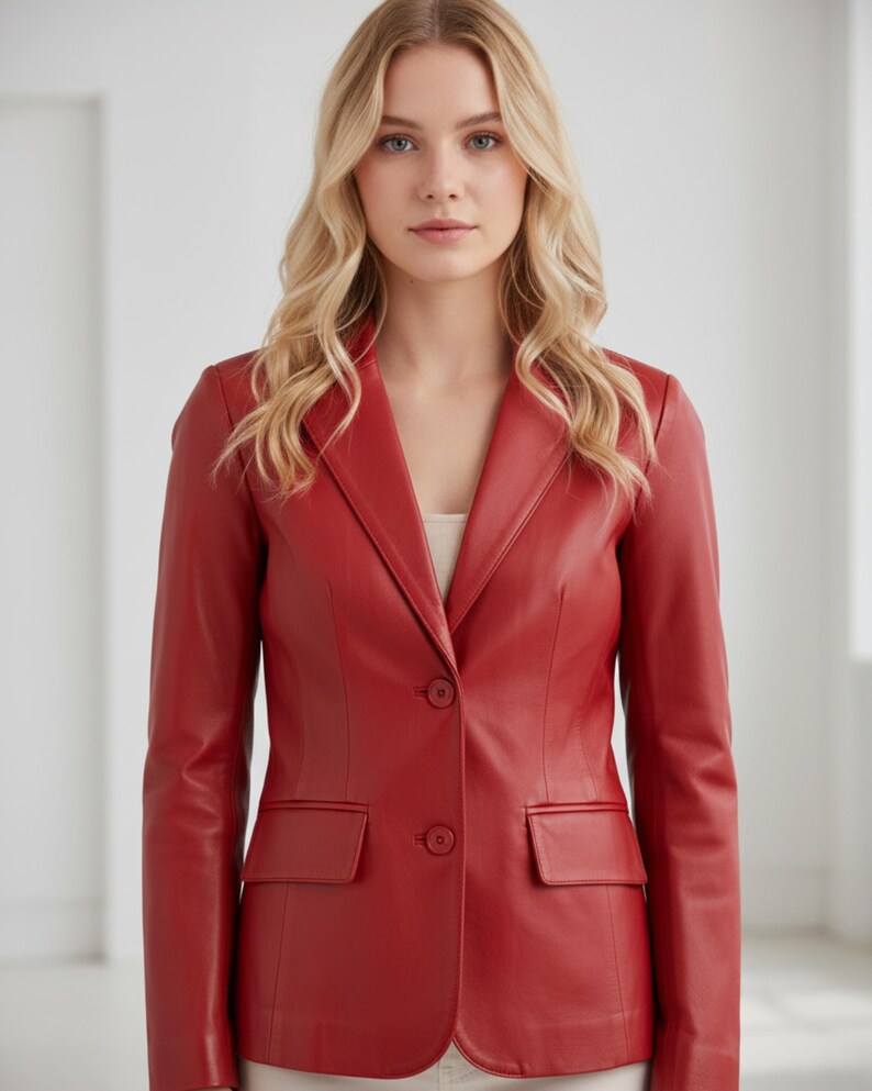 May include: A red leather blazer with a notched collar, two front pockets, and a two-button closure. The blazer has long sleeves and a tailored fit. The color is a vibrant, classic red.