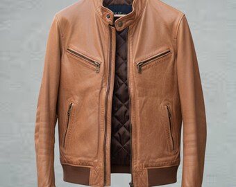 Handmade Tan Brown Cowhide Leather Bomber Jacket: Café Racer Style