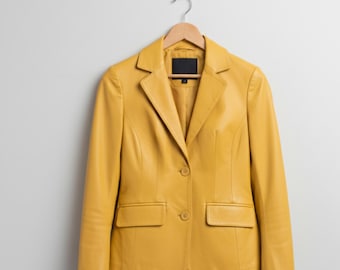 Handmade Yellow Leather Blazer: Women's Genuine Leather Coat