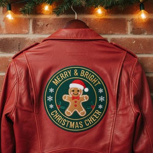 Handmade Women&#39;s Red Leather Biker Jacket with Christmas Patch, Holiday Statement Outerwear