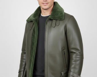 Men's Olive Green Leather Bomber Jacket with Shearling Collar | B3 Flight Coat