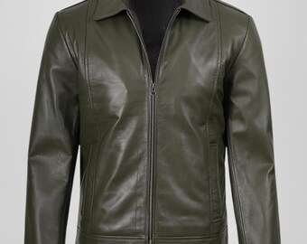 Men's Olive Green Handmade Genuine Leather Jacket | Biker Style Zip-Up Coat | Lambskin