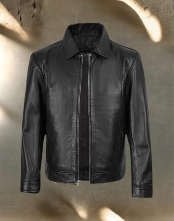 Mens Genuine Leather Jacket Black Shirt Collar Vintage Style Slim Fit Fashion