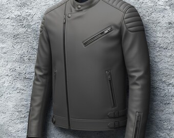 Handcrafted Grey Leather Biker Jacket: Men's Moto Style Cowhide Jacket