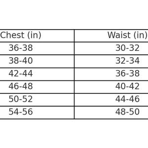 May include: A white chart with black text detailing clothing sizes. The chart includes sizes S, M, L, XL, 2XL, and 3XL. Measurements are provided for chest, waist, and length in inches, ranging from 25 to 30 inches.