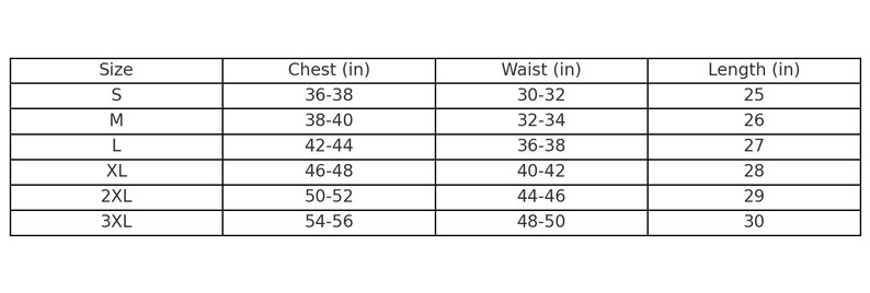 May include: A white chart with black text detailing clothing sizes. The chart includes sizes S, M, L, XL, 2XL, and 3XL. Measurements are provided for chest, waist, and length in inches, ranging from 25 to 30 inches.