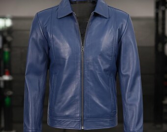 Men's Blue Faux Leather Jacket: Slim Fit Biker Streetwear