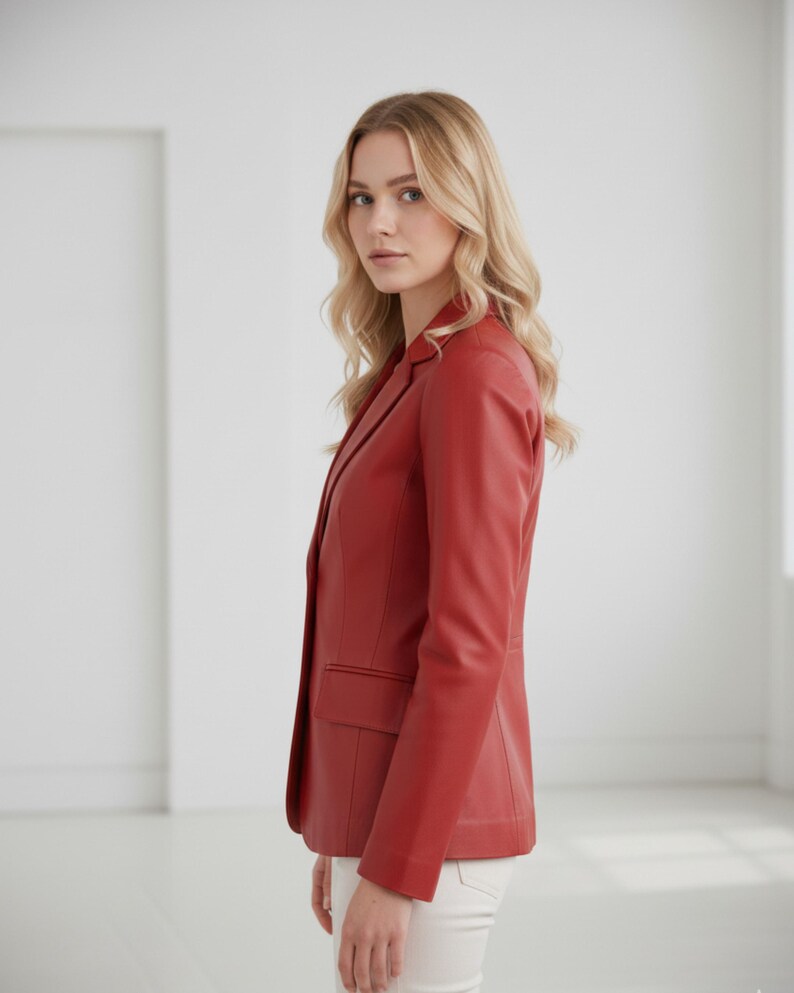 May include: A red blazer with a classic design. The blazer features a notched lapel, a two-button closure, and a single chest pocket. The sleeves are long, and the blazer is made of a smooth material. The model is wearing white pants.