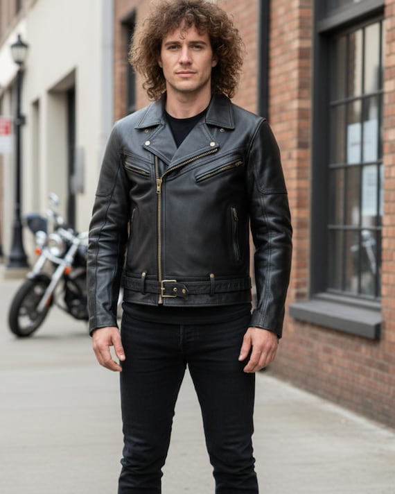 Men's Handmade Cow Leather Biker Jacket, Classic Motorcycle Coat