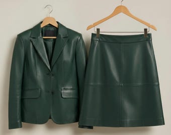 Genuine Leather Blazer and Skirt Set, Emerald Green Outfit