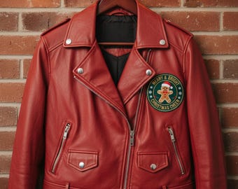 Handmade Women's Red Leather Biker Jacket with Christmas Patch, Holiday Statement Outerwear