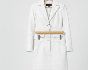 White Leather Blazer Skirt Set: Elegant Women's Two-Piece Suit