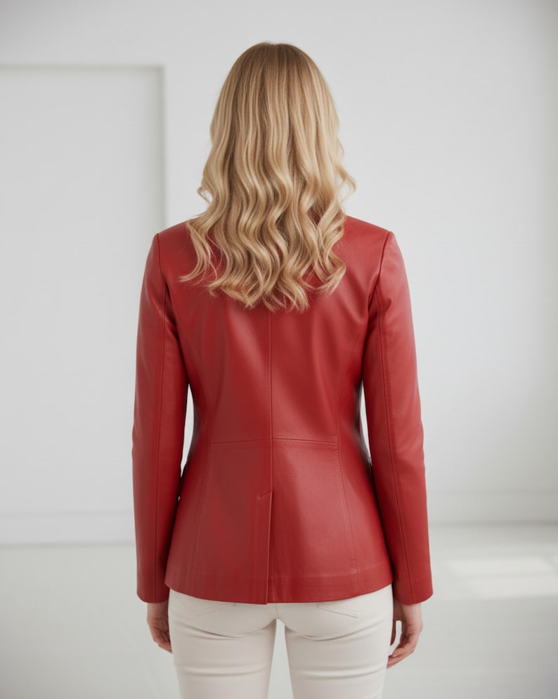 May include: A red leather blazer with a classic design. The blazer has long sleeves and a tailored fit. The model is wearing white pants. The background is a plain white wall.