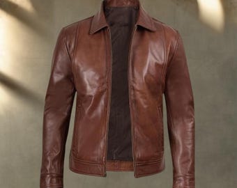 Mens Brown Genuine Leather Jacket: Handmade Vintage Style Coat