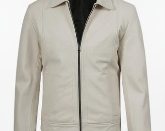 Handmade Cream White Leather Jacket: Minimalist Biker Style