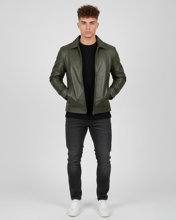Men's Olive Green Handmade Genuine Leather Jacket | Biker Style