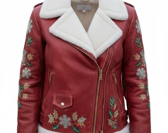 Handmade Red Leather Shearling Biker Jacket, Embroidered Christmas Moto Coat