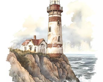Vintage Watercolor Lighthouse Clipart - Nautical Coastal Art, 10 High-Quality JPGs, Maritime Seascape Illustration, Digital Download