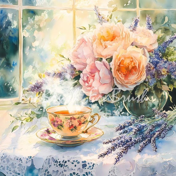 水彩画 ティーセット 絵画 ヴィンテージフローラルティーカップ水彩画アートセット - 8K 27.3