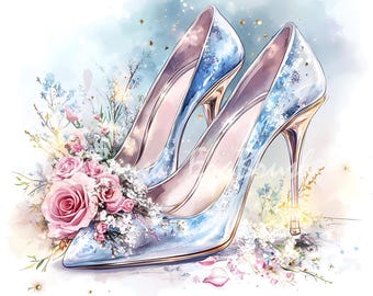 Watercolor Crystal Glass Slippers - 8K 27.3 Inches 300DPI - Fairytale Wedding Shoes Illustration for Prints & Decor