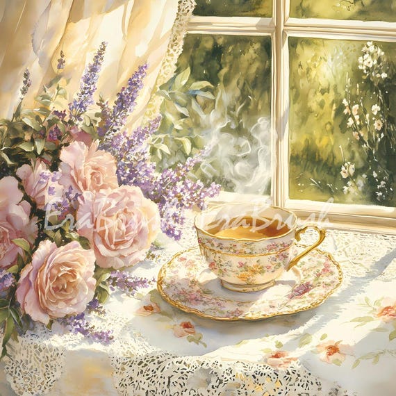 水彩画 ティーセット 絵画 ヴィンテージフローラルティーカップ水彩画アートセット - 8K 27.3