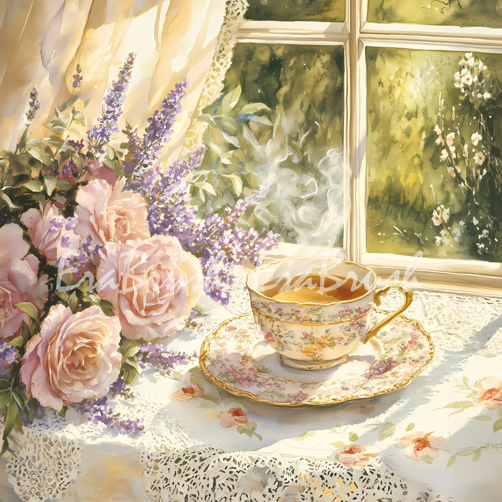 ヴィンテージフローラルティーカップ水彩画アートセット - 8K 27.3