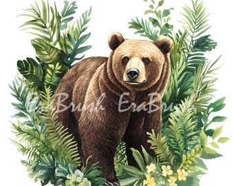 Vintage Watercolor Wildlife Set - Bear, Deer & Wolf in Forest, 10 High-Resolution 4096x4096 JPGs, Spring Nature Art Printables