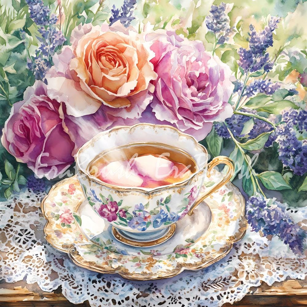 ヴィンテージフローラルティーカップ水彩画アートセット - 8K 27.3