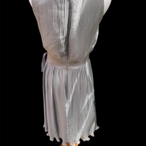 May include: A silver pleated sleeveless dress with a back zipper and a tie at the waist.