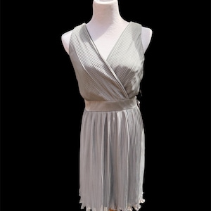 May include: A sleeveless, light gray, pleated dress with a V-neckline and a ruffled hem.