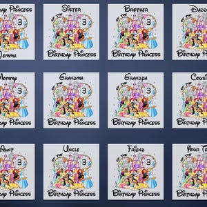 Pu&ograve; includere: Un set di 12 disegni stampabili con principesse Disney e il testo "Birthday Princess" con diversi titoli come "Sorella della principessa di compleanno", "Fratello della principessa di compleanno", "Mamma della principessa di compleanno", "Nonna della principessa di compleanno", "Nonno della principessa di compleanno", "Cugino della principessa di compleanno", "Zia della principessa di compleanno", "Zio della principessa di compleanno", "Amico della principessa di compleanno" e "Il tuo testo della principessa di compleanno".