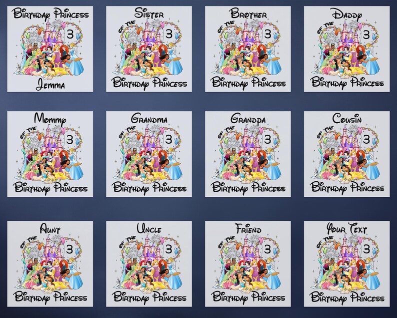 Pu&ograve; includere: Un set di 12 disegni stampabili con principesse Disney e il testo "Birthday Princess" con diversi titoli come "Sorella della principessa di compleanno", "Fratello della principessa di compleanno", "Mamma della principessa di compleanno", "Nonna della principessa di compleanno", "Nonno della principessa di compleanno", "Cugino della principessa di compleanno", "Zia della principessa di compleanno", "Zio della principessa di compleanno", "Amico della principessa di compleanno" e "Il tuo testo della principessa di compleanno".