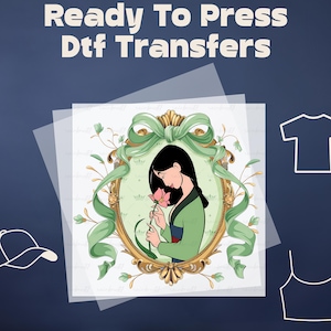 May include: Ready to Press Dtf Transfers featuring a green and gold ornate frame with a princess character holding a pink flower. The princess is wearing a green and gold dress.