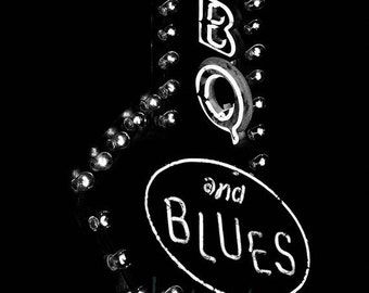 Bar B Q and Blues, photo, black and white, digital photo, Wall art, home decor, Minnesota, neon sign, office art, wall art, urban photo art,