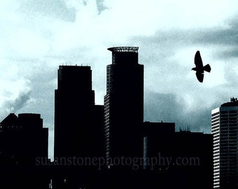 Bird Over Minneapolis, Minnesota, digital photo, blue sky, mono colored art, urban, minimalist,  home decor, wall art, office art