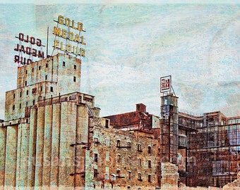 Ruins Gold Medal Park, Minneapolis, collaged print,  luster paper, wall art,  corporate art, office art