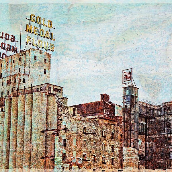 Ruins Gold Medal Park, Minneapolis, collaged print,  luster paper, wall art,  corporate art, office art